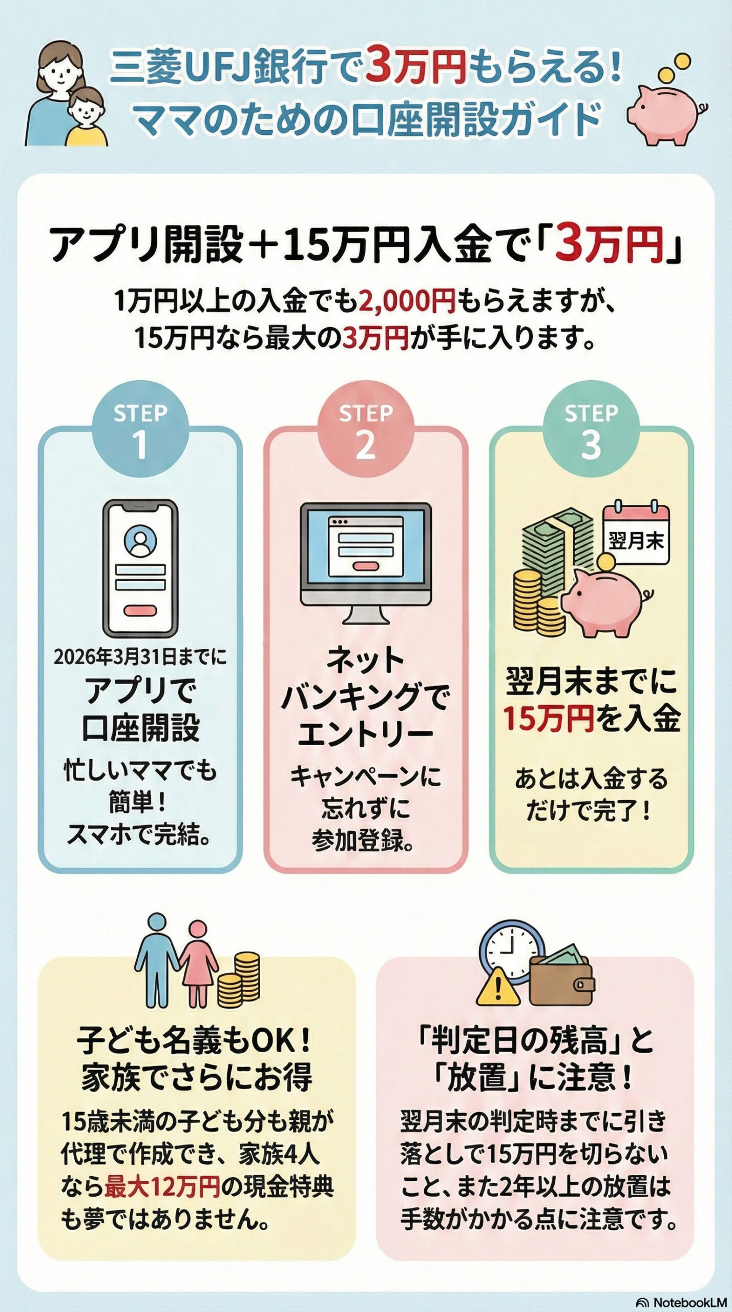 三菱UFJ銀行で3万円もらえる！ママのための口座開設ガイド インフォグラフィック